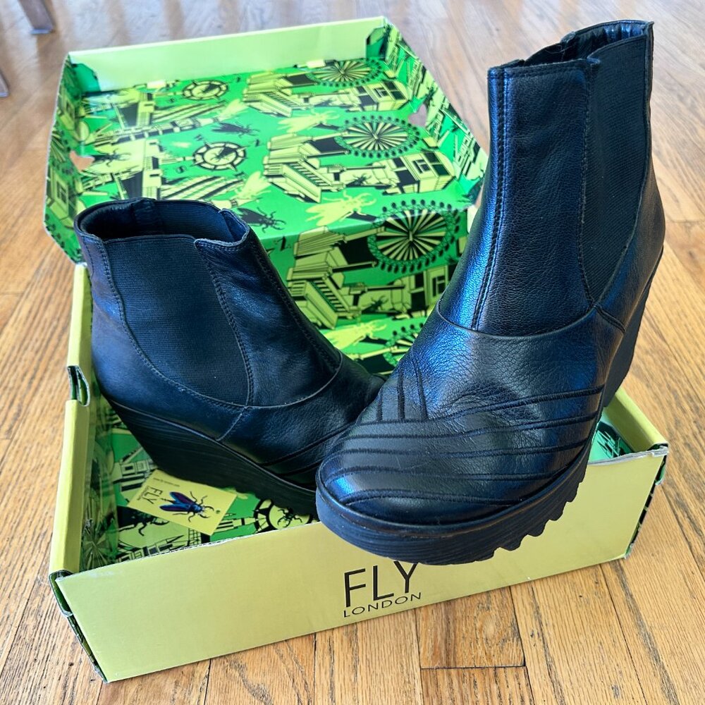 Fly London Black Leather Wedge Boots (with original box)